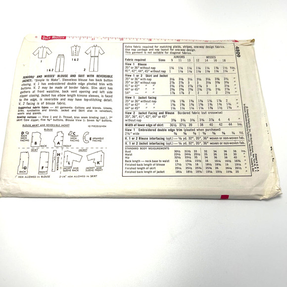 Simplicity Vintage1960's Pattern #4809 Blouse/Suit/Reversible Jacket Size 14 - Picture 6 of 6